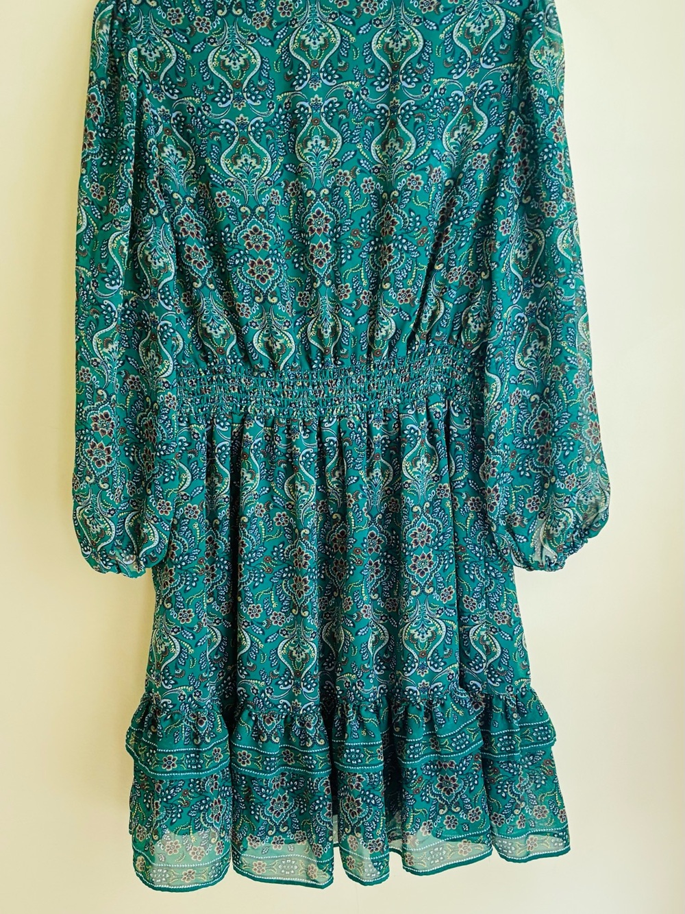 Max Studio Teal Paisley Long-Sleeve Smocked-Waist Dress